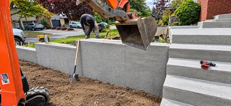 Crew finishing a new concrete wall and steps with a mini excavator on site