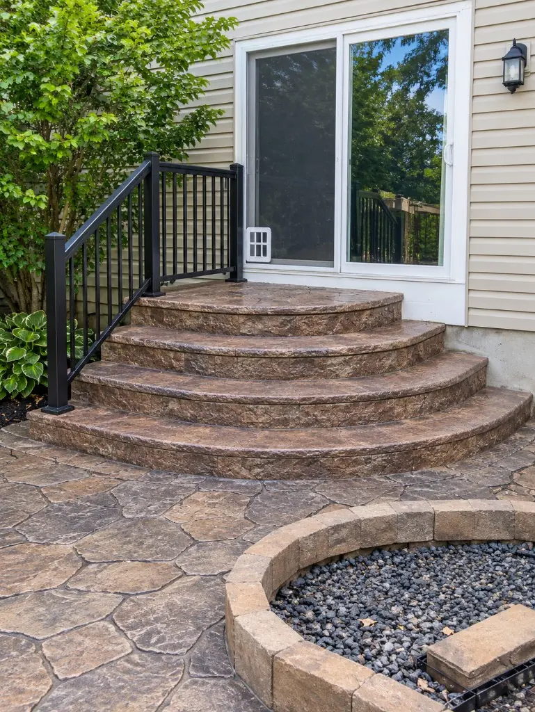 Curved stone-look interlock steps with a black aluminum railing, leading down to a paver patio and fire pit