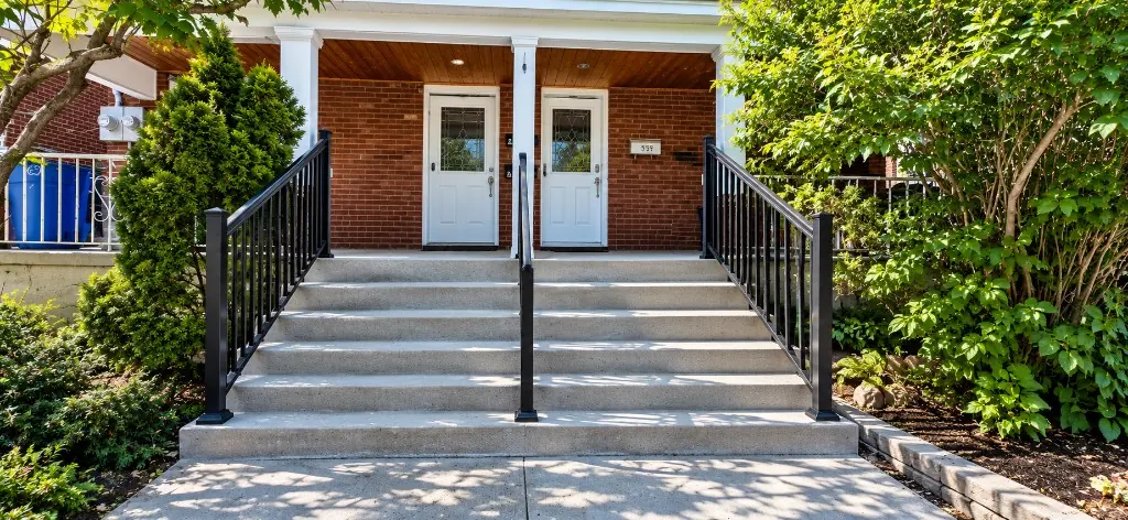 Wide concrete front steps with black aluminum railings and a centre handrail at a brick duplex