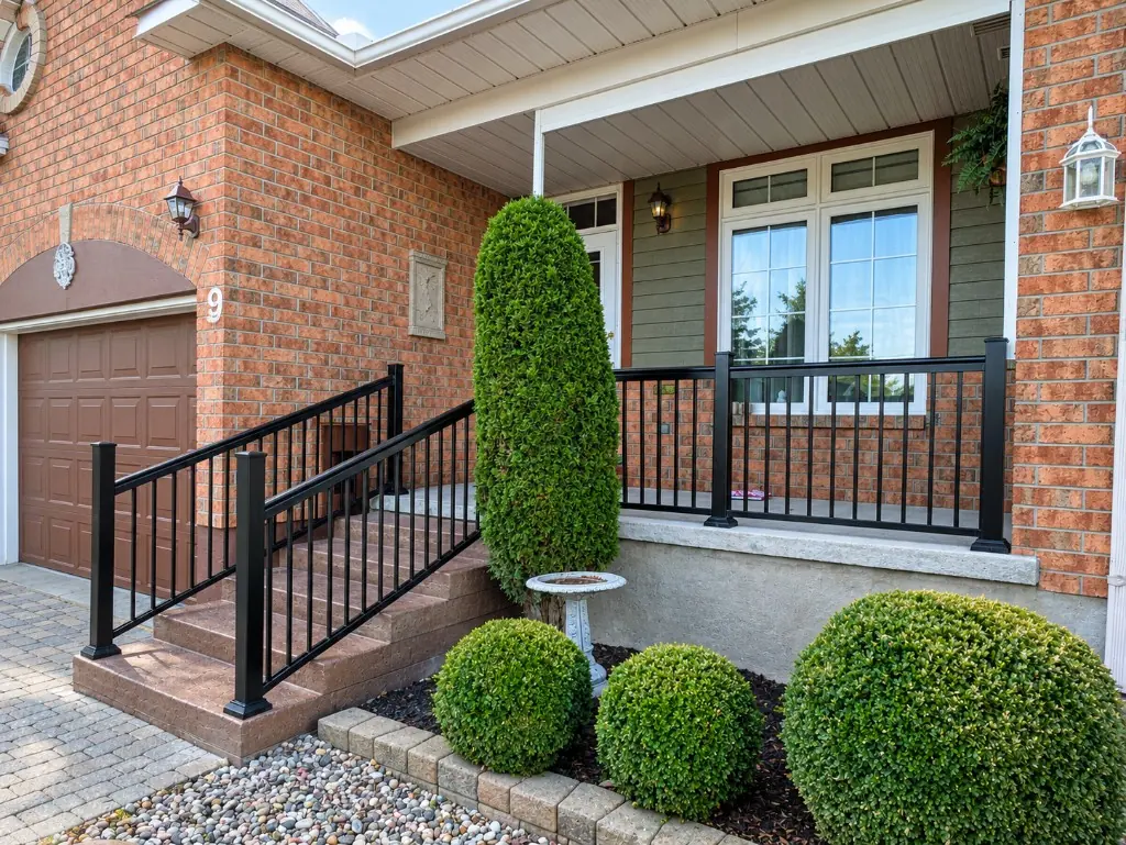 Front steps and porch with black aluminum railings and landscaping