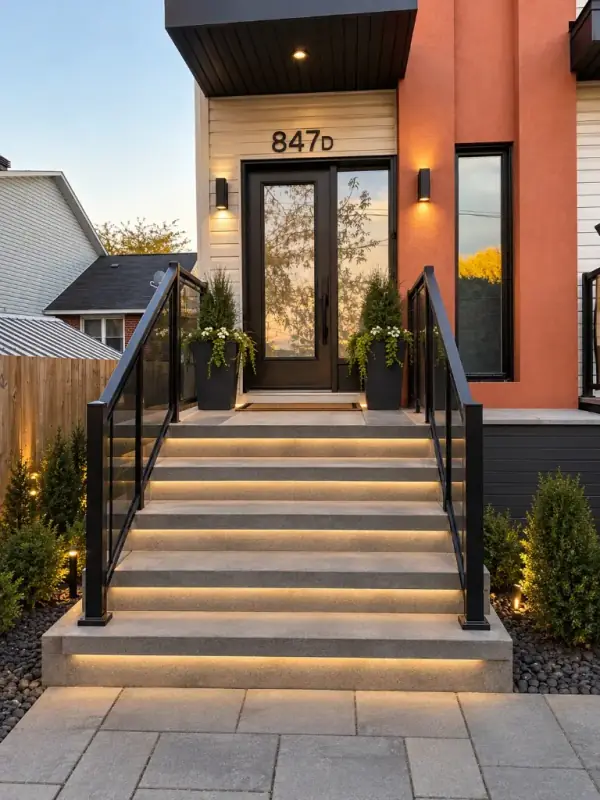 Modern front entrance at dusk with wide grey steps, lights under each tread, black-framed glass railings and a slab walkway