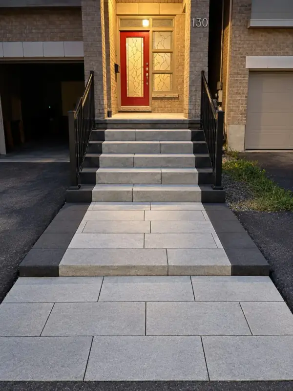 Modern front entrance at dusk with grey stone-slab steps, a dark border, black aluminum railings and a slab walkway to a red door