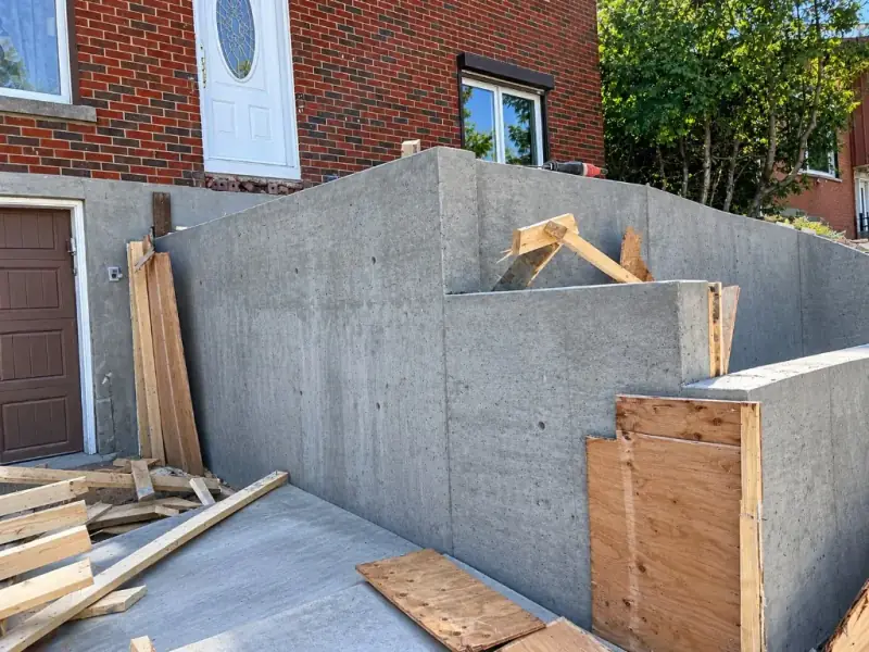 Newly poured concrete retaining wall beside a brick house, with the forms just stripped